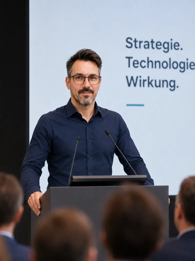 Sebastian Binder speaking at a conference on strategy, technology, and impact